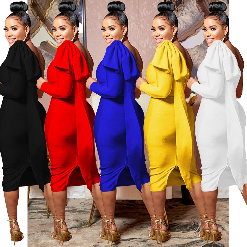 Women's Single Long-Sleeve Asymmetrical Bow Midi Dress
