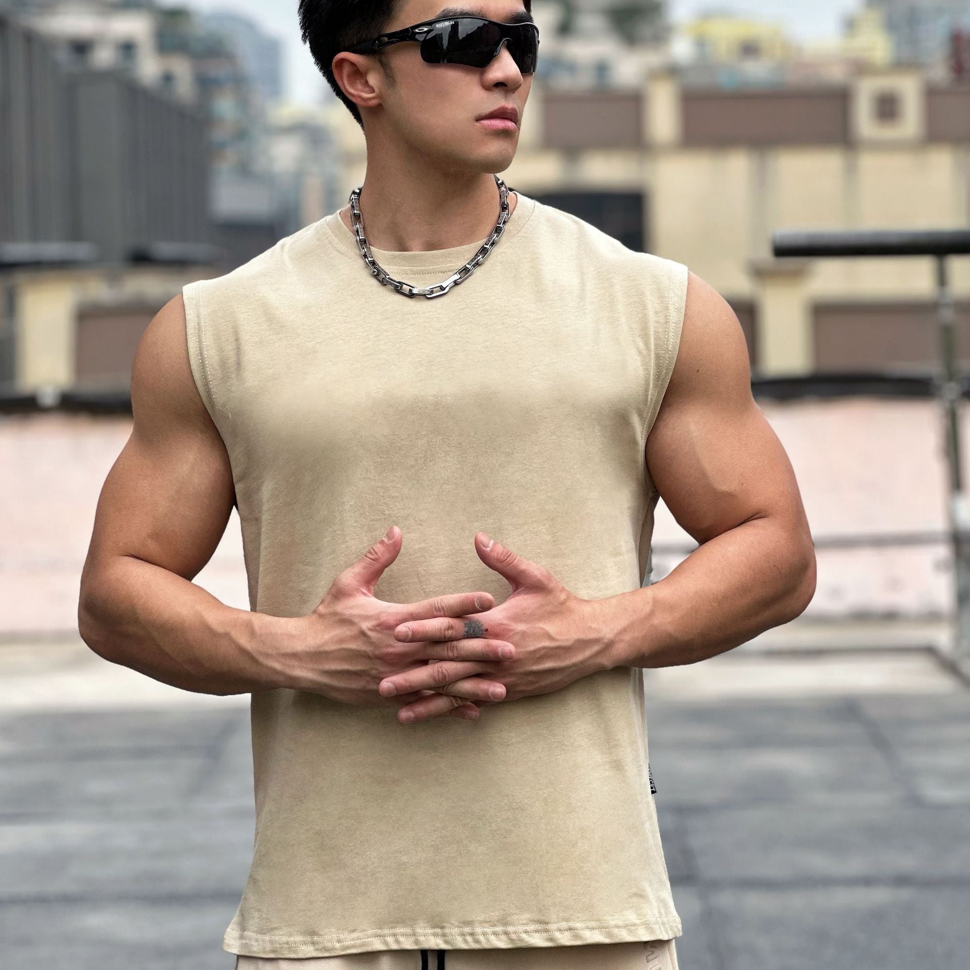 Men's Heavyweight Cotton Wide Shoulder Sleeveless Vest — Fitness Running Sport Top