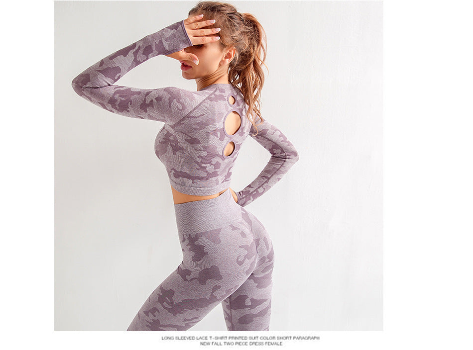 Women's Camouflage 3-Piece Yoga Fitness Set — Sports Bra, Long Sleeve Crop Top & Hip-Lift Leggings