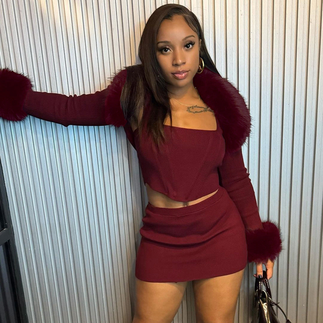 Women's Faux Fur Collar 3-Piece Set – Camisole, Long Sleeve Top & Mini Skirt