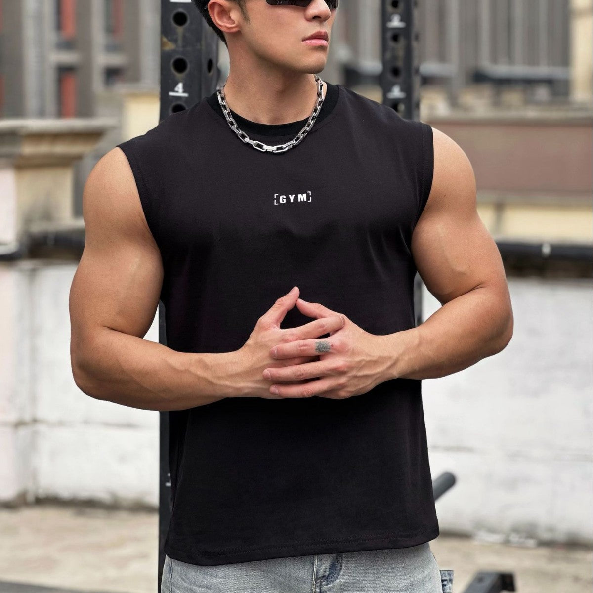 Men's Heavyweight Cotton Wide Shoulder Sleeveless Vest — Fitness Running Sport Top