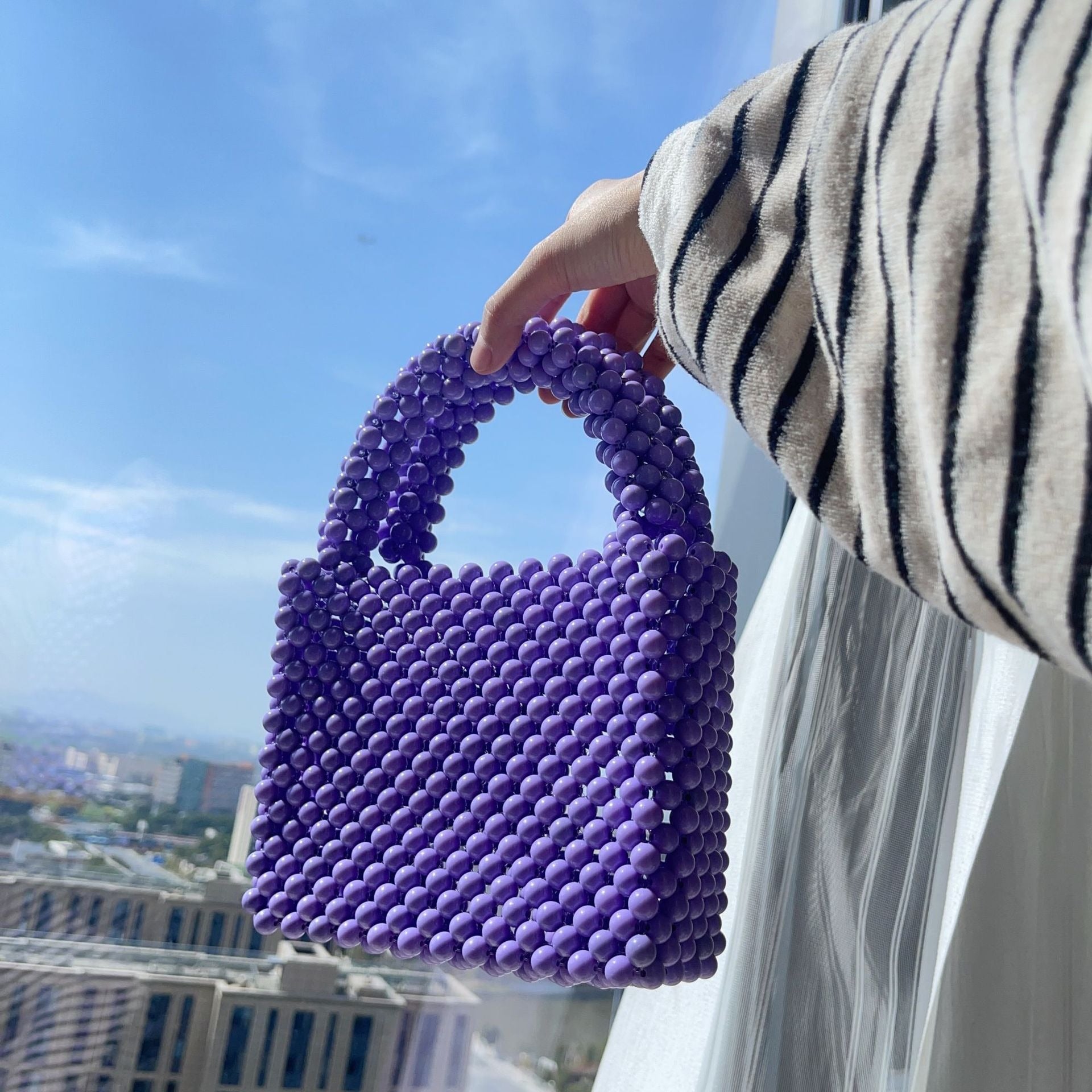 Solid Colour Beaded Handbag