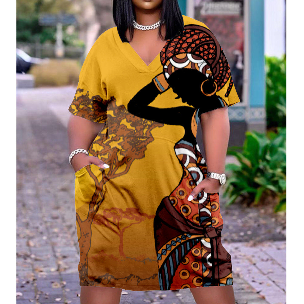 Women's 3D Print Ethnic Style Loose Waist Pullover Dress – Urban Casual Midi