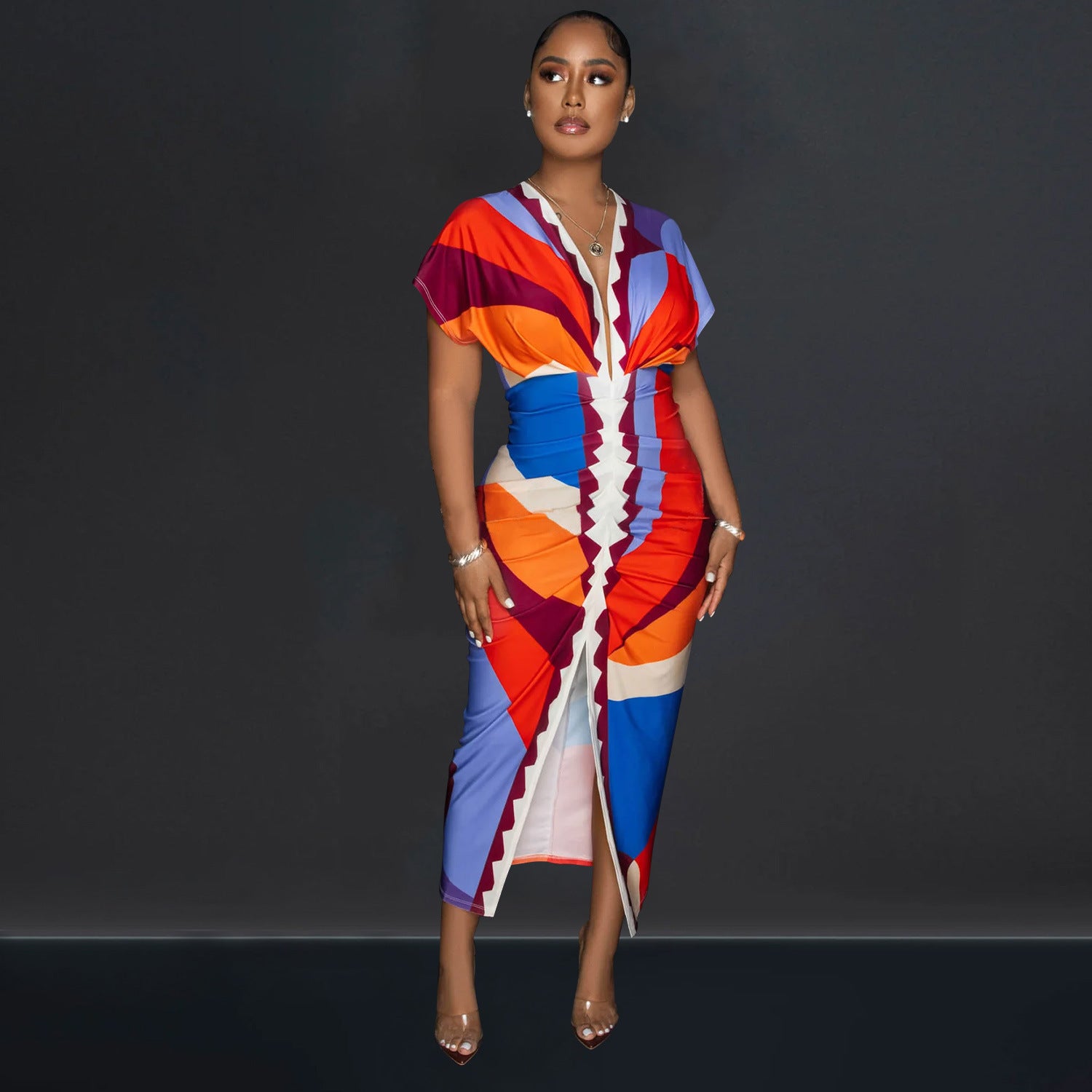 Women's V-Neck Printed Short-Sleeve Bodycon Maxi Dress