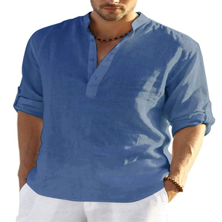 Men's Cotton-Linen Long-Sleeve Loose Casual Shirt – Standing Collar