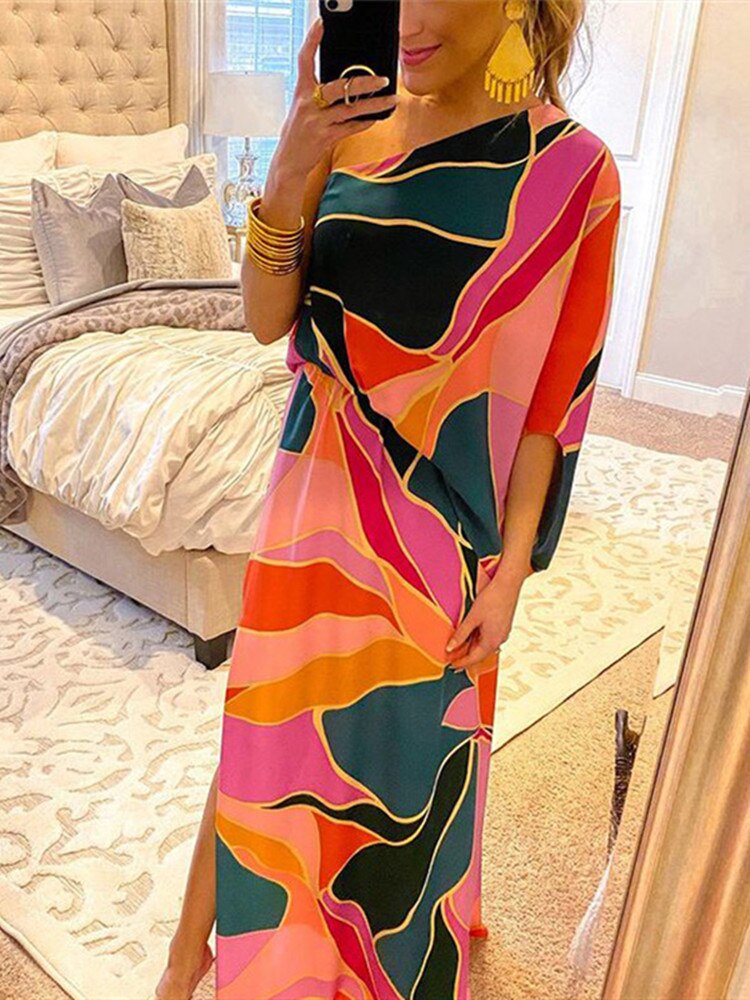 Women's One-Shoulder Boho Print Irregular Midi Dress