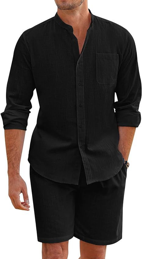 Men's Casual Button-Up Long Sleeve Shirt & Shorts Two-Piece Set