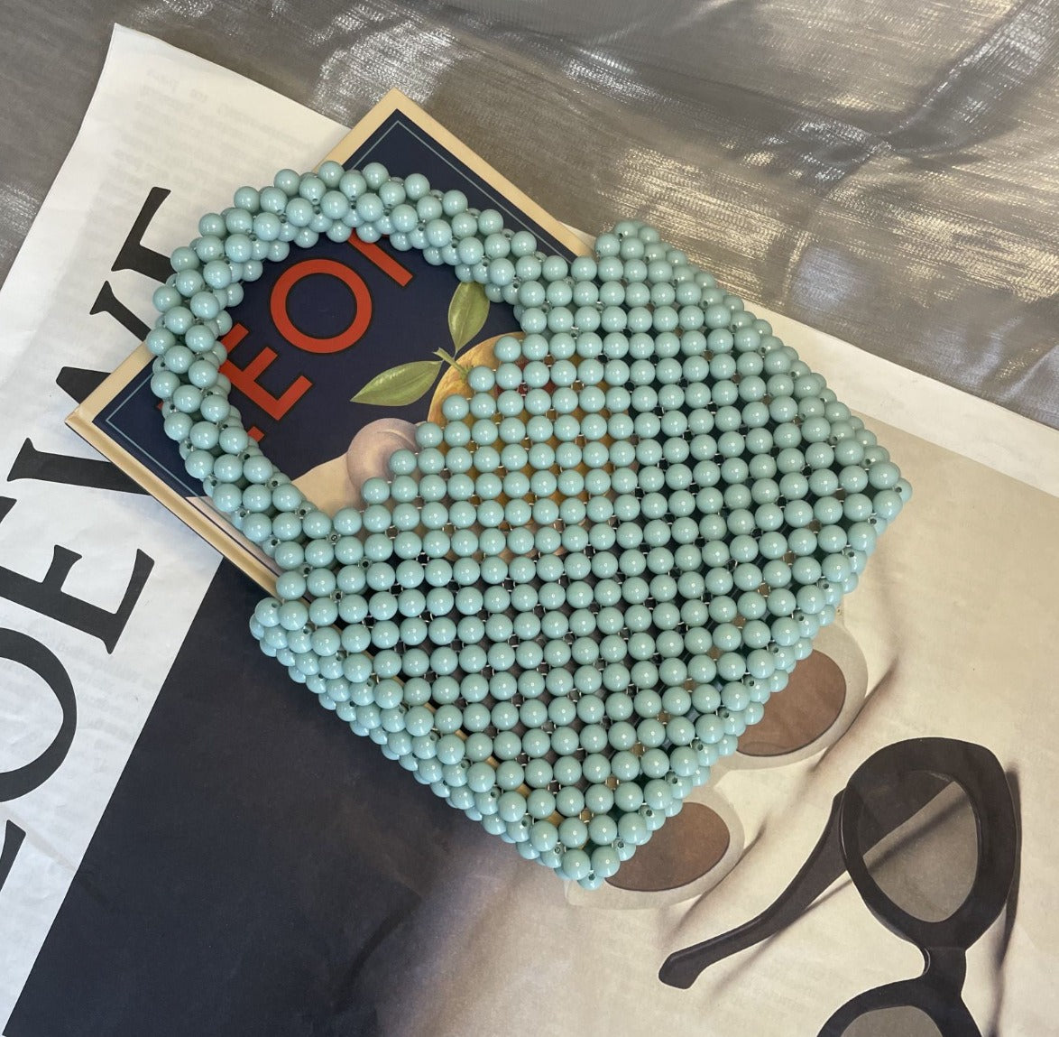 Solid Colour Beaded Handbag