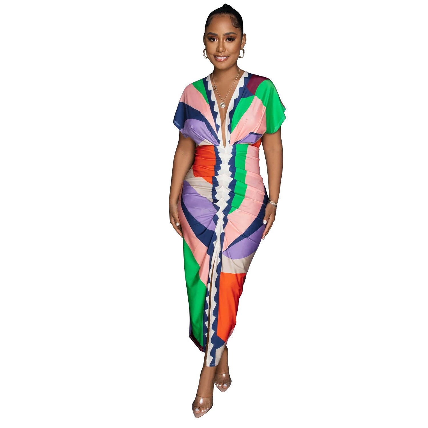 Women's V-Neck Printed Short-Sleeve Bodycon Maxi Dress