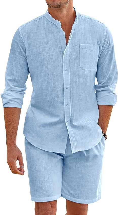 Men's Casual Button-Up Long Sleeve Shirt & Shorts Two-Piece Set