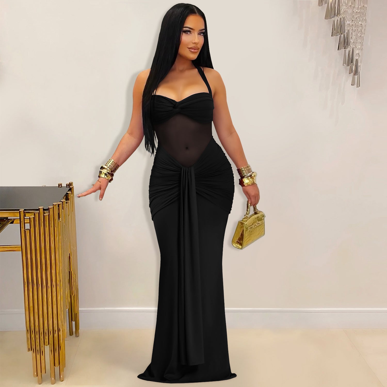 Women's Sheer Mesh Halter Tie-Back Bodycon Maxi Dress