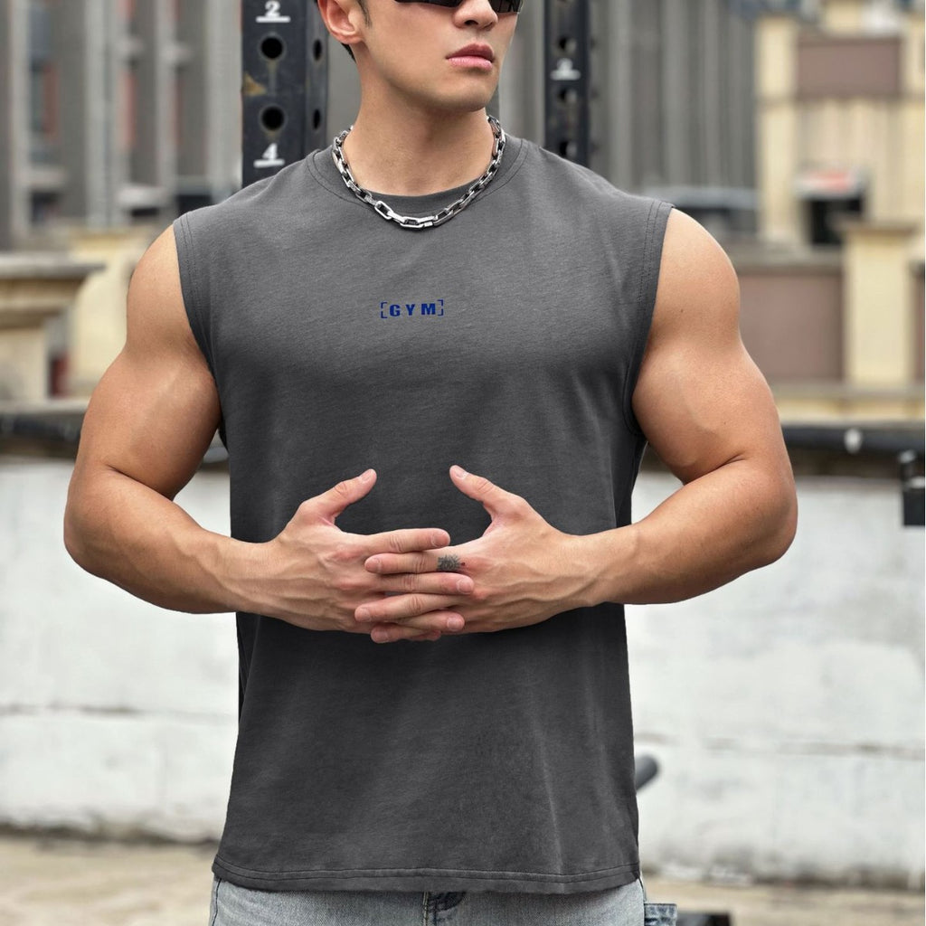 Men's Heavyweight Cotton Wide Shoulder Sleeveless Vest — Fitness Running Sport Top