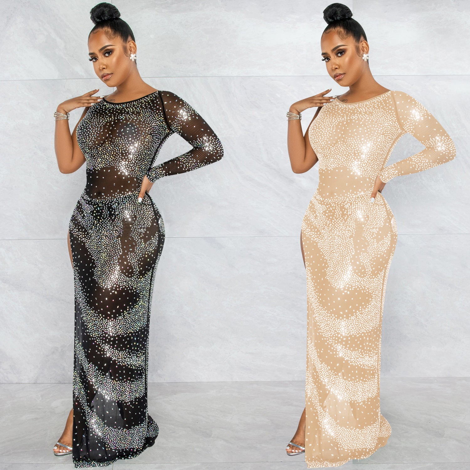 Women's Rhinestone Mesh Single-Sleeve Asymmetrical Slit Maxi Dress