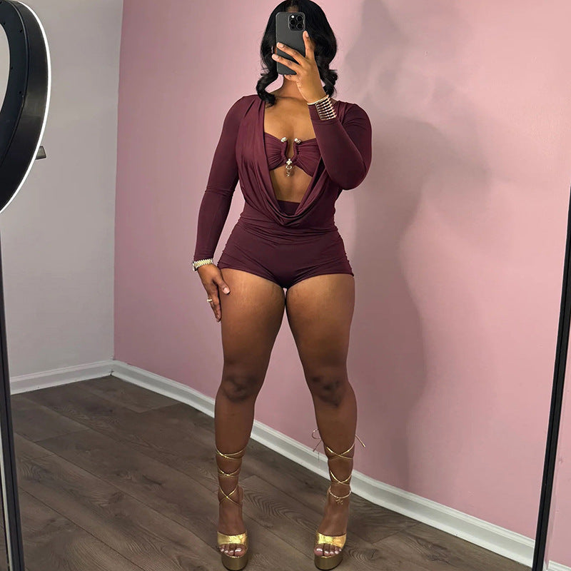 Women's Deep V-Neck Bodycon Jumpsuit – Metallic Detail Milk Silk