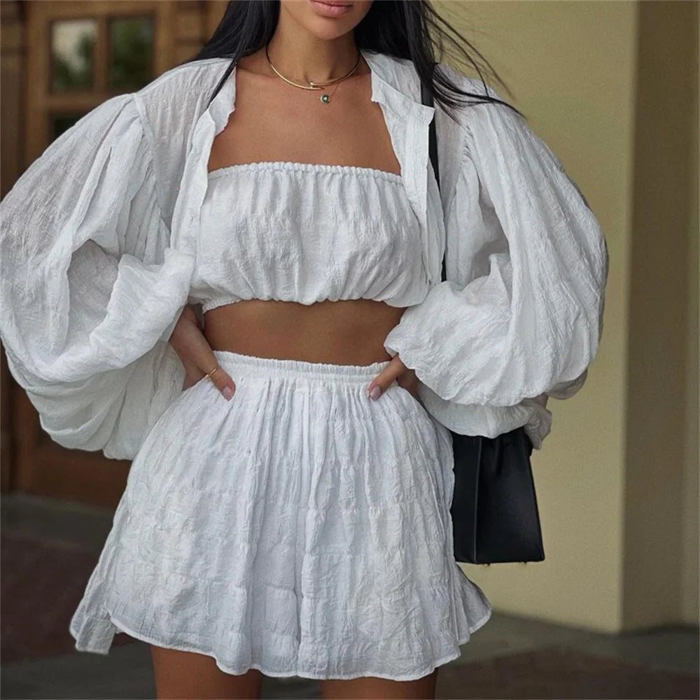 Lantern Sleeve Cardigan, Top & Shorts Set