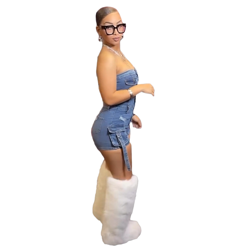 Women's High-Elastic Strapless Denim Jumpsuit with 3D Pockets