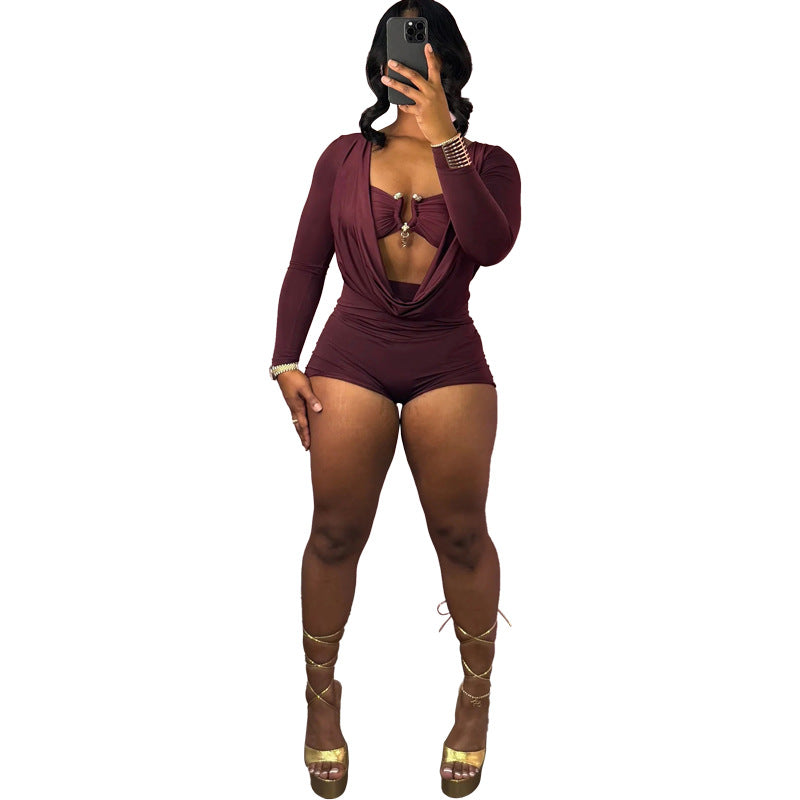 Women's Deep V-Neck Bodycon Jumpsuit – Metallic Detail Milk Silk