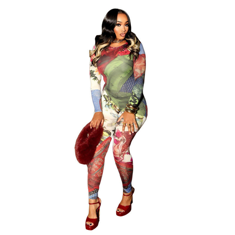 Women's 3D Digital Print Fitted Long Sleeve Jumpsuit