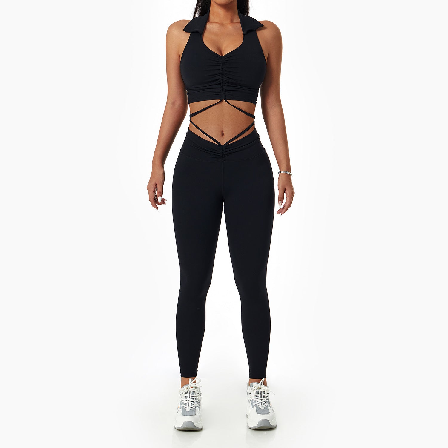 Women's Drawstring Collar Yoga Suit — Sports Bra & Leggings 2-Piece Set