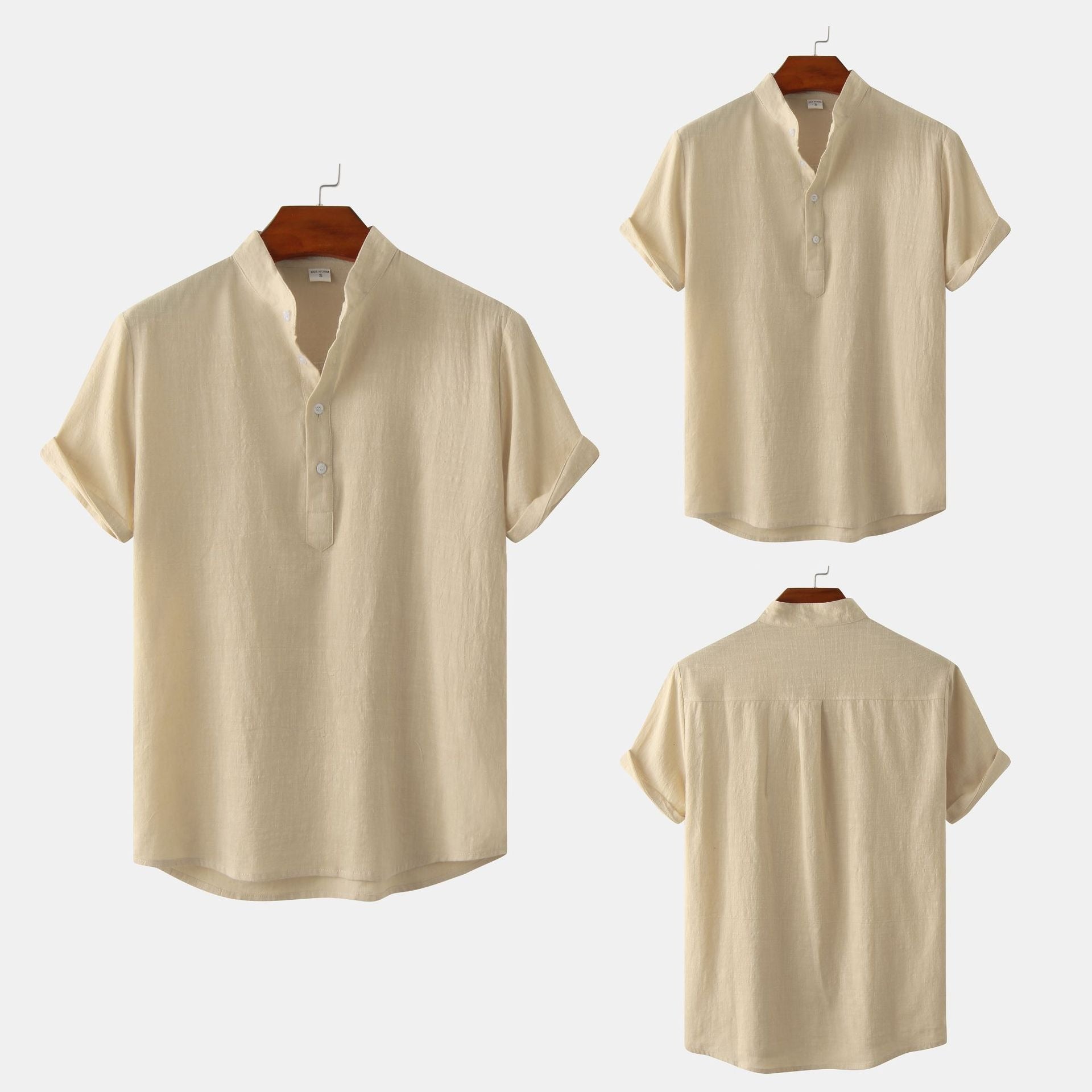 Men's Cotton-Linen Standing Collar Short-Sleeve Casual Shirt