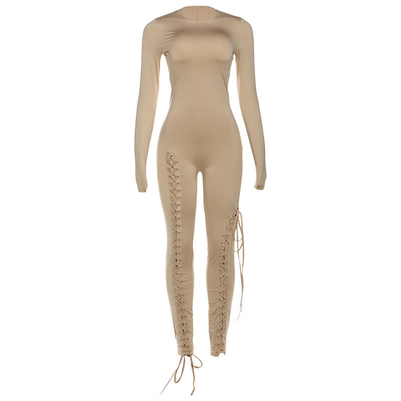 Women's Cut-Out Tie-Up Bodycon Long Jumpsuit – Slim Fit Milk Silk