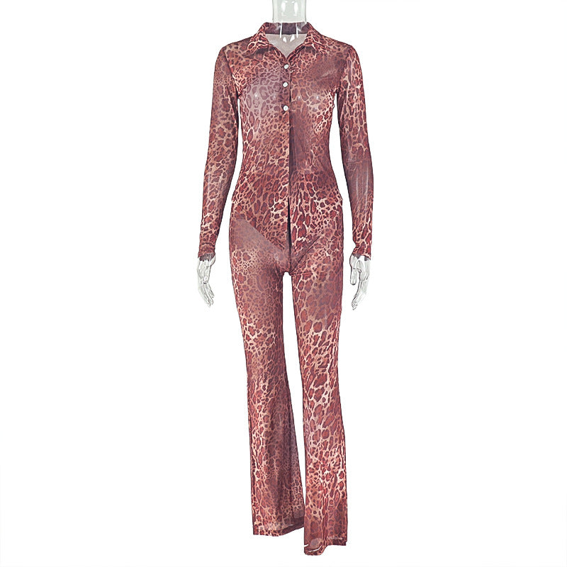 Women's Leopard Print Cardigan & Cinched Top Two-Piece Pants Set