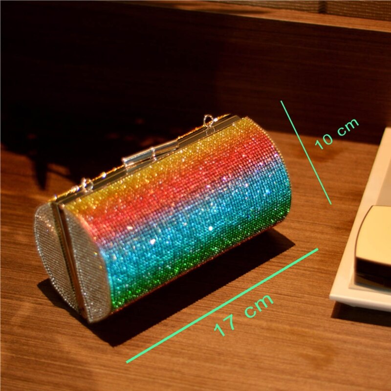 Rainbow Rhinestone Cylinder Shoulder Bag