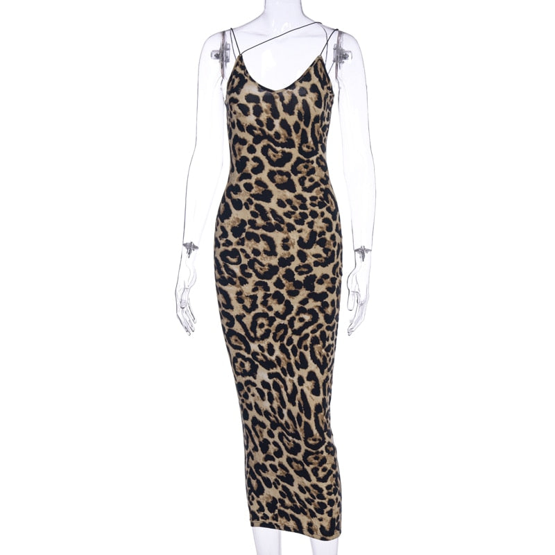 Women's Animal Print Sleeveless V-Neck Bodycon Midi Dress