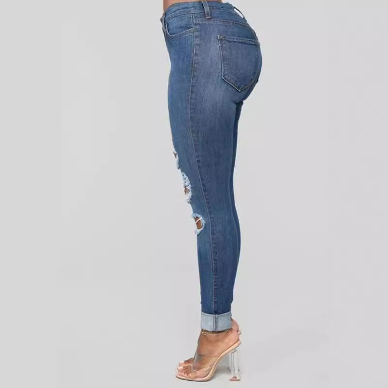 Women's Skinny Fit Ripped Water Washed Denim Jeans