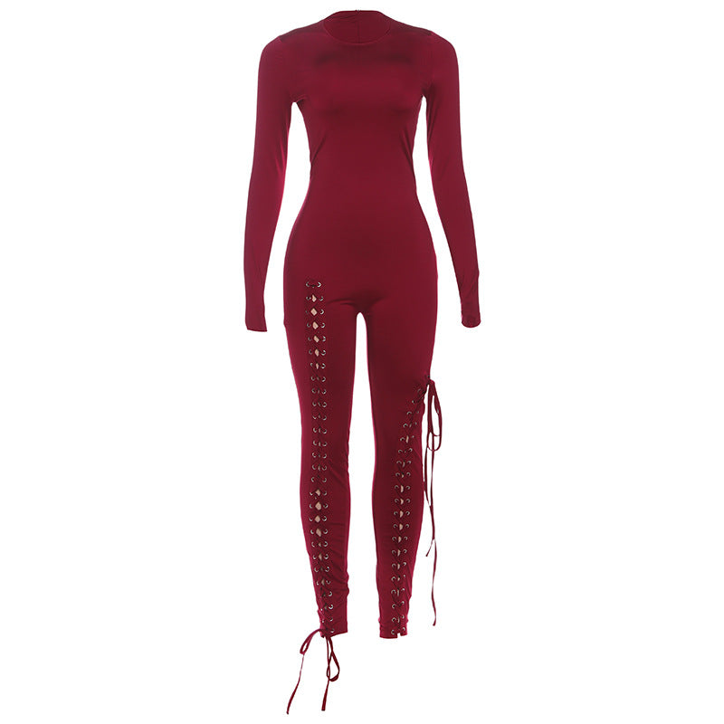 Women's Cut-Out Tie-Up Bodycon Long Jumpsuit – Slim Fit Milk Silk