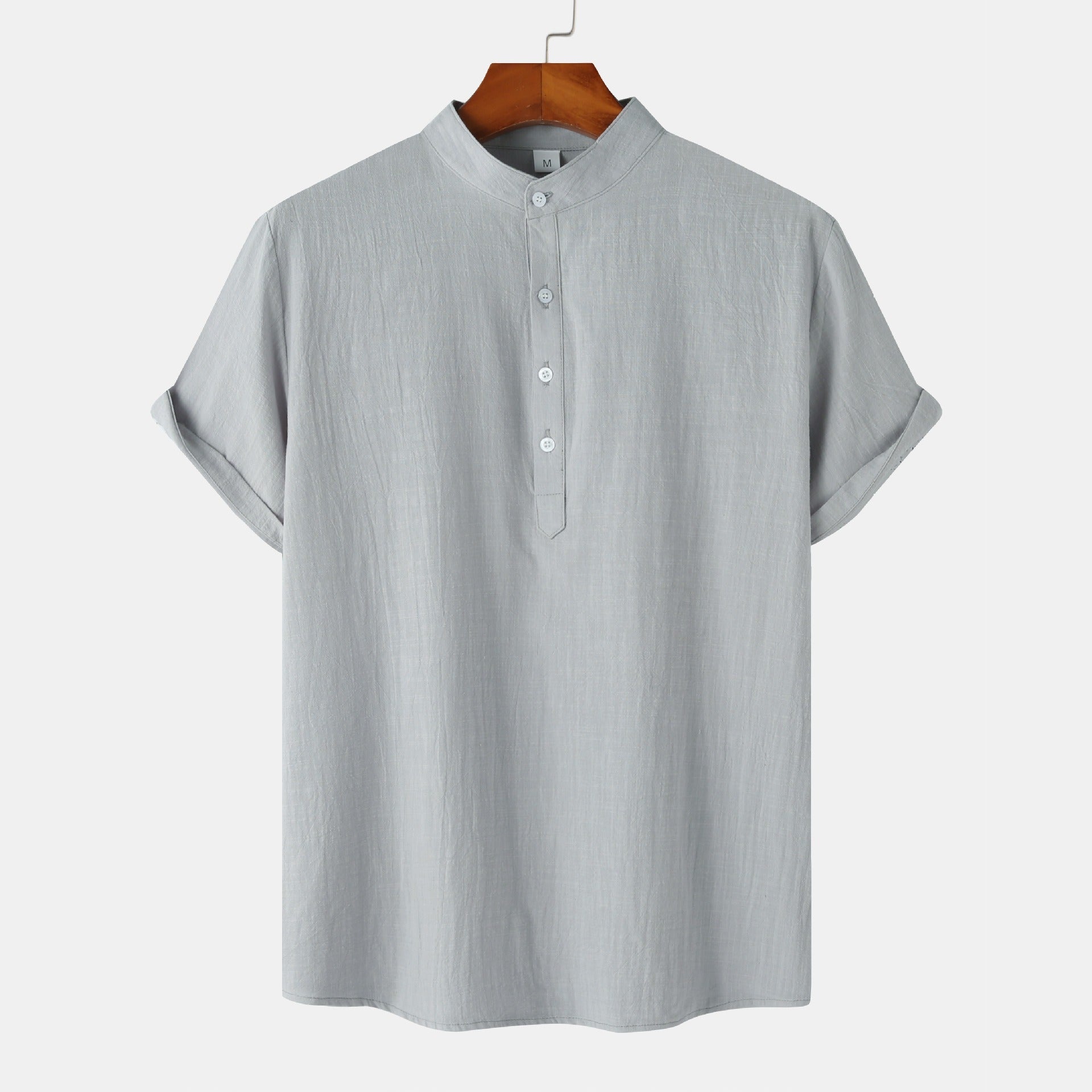 Men's Cotton-Linen Standing Collar Short-Sleeve Casual Shirt