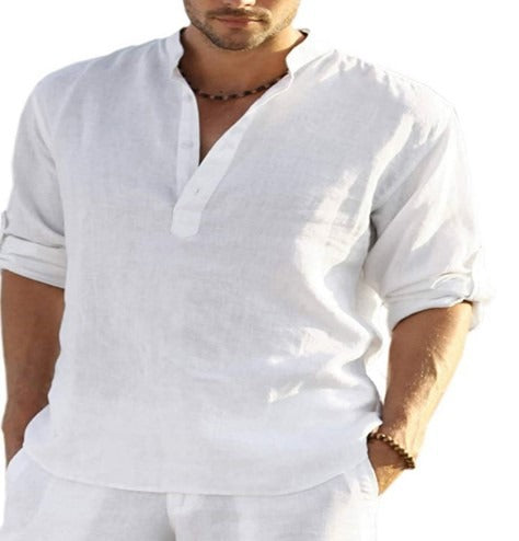 Men's Cotton-Linen Long-Sleeve Loose Casual Shirt – Standing Collar