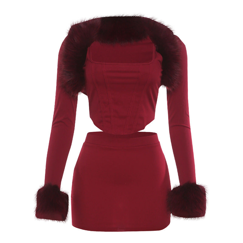 Women's Faux Fur Collar 3-Piece Set – Camisole, Long Sleeve Top & Mini Skirt