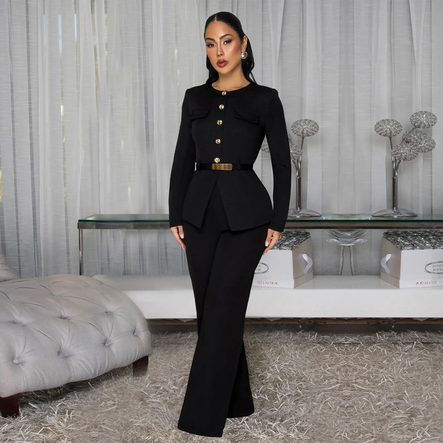 Women's Belted Long-Sleeve Fitted Top & Wide-Leg Pants Set