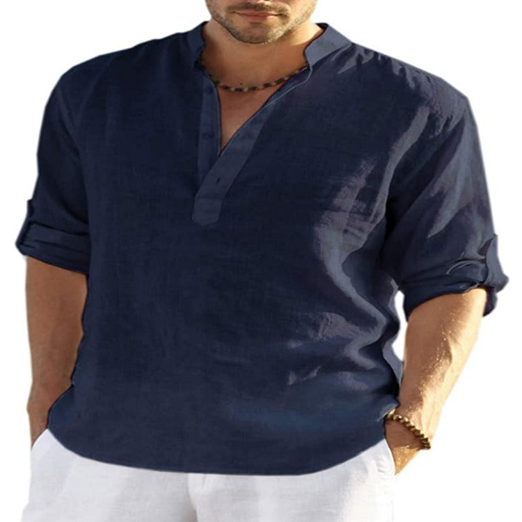 Men's Cotton-Linen Long-Sleeve Loose Casual Shirt – Standing Collar