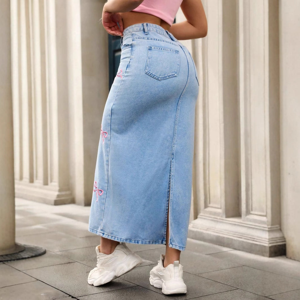 Women's Bow Tie Denim Long Skirt