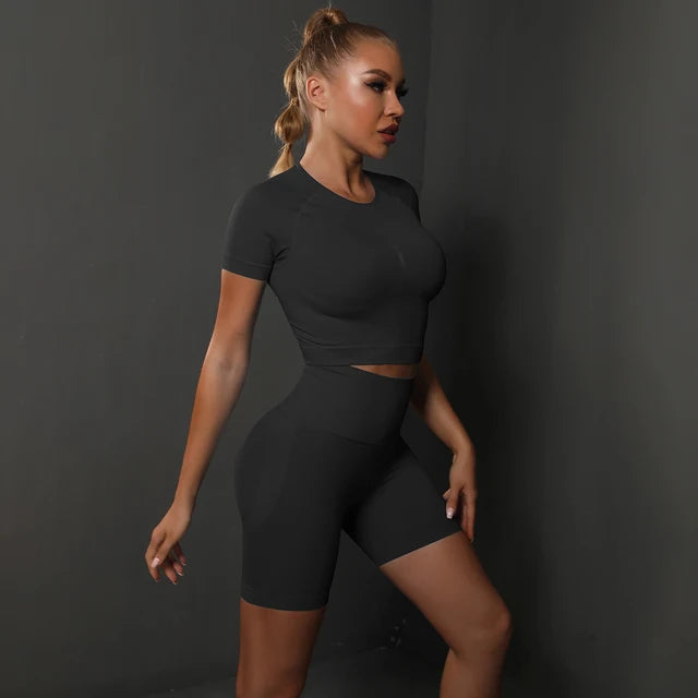 Peach buttocks solid color high elasticity yoga short sleeved shorts set fitness two-piece set