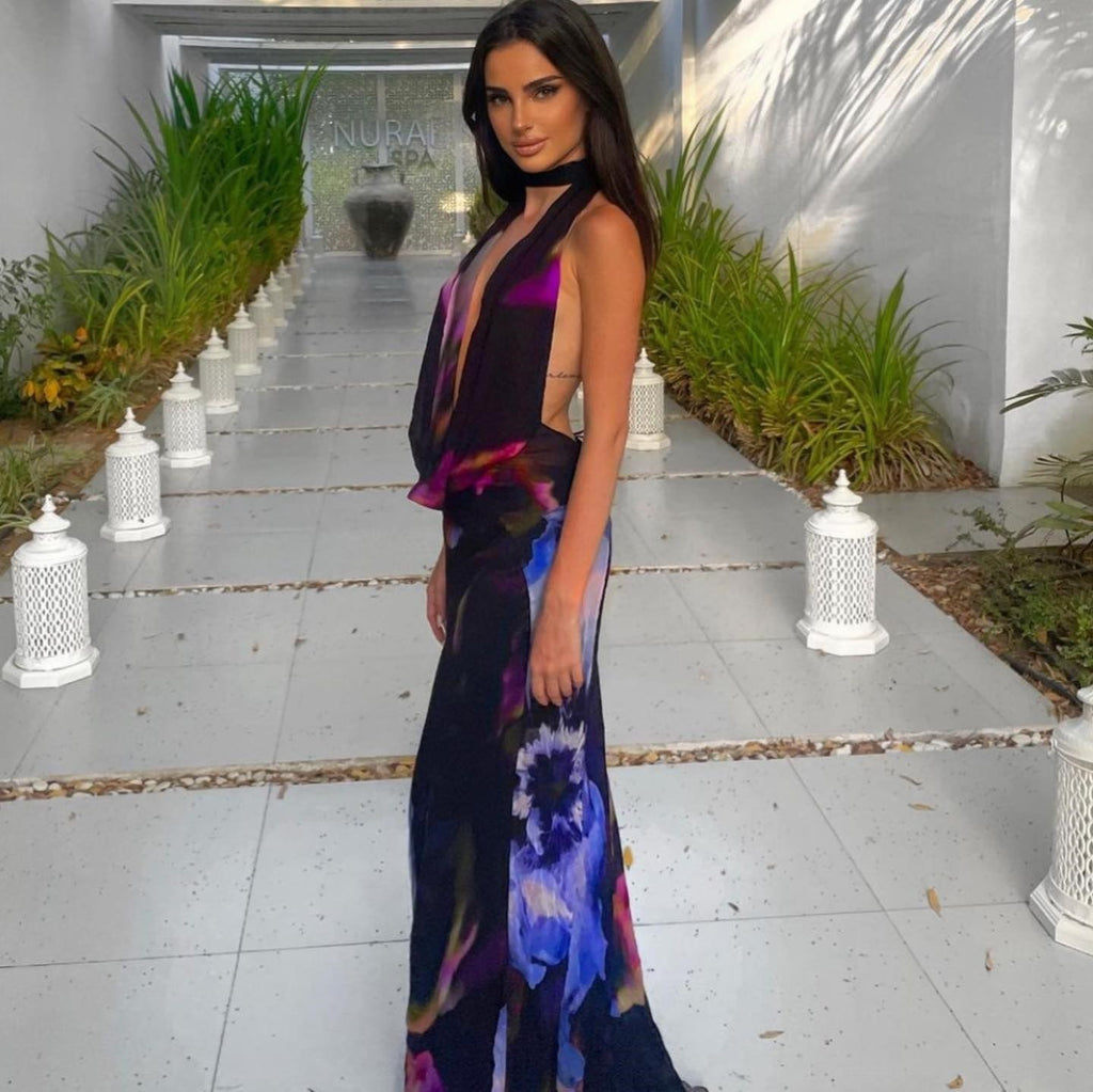 Women's Backless Printed Halter Neck Maxi Dress