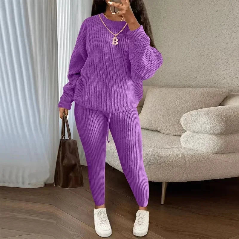 Women's Solid Knit Long-Sleeve Sweater & Pants Two-Piece Set