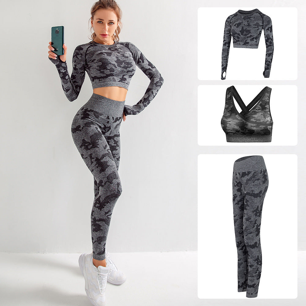 Women's Camouflage 3-Piece Yoga Fitness Set — Sports Bra, Long Sleeve Crop Top & Hip-Lift Leggings