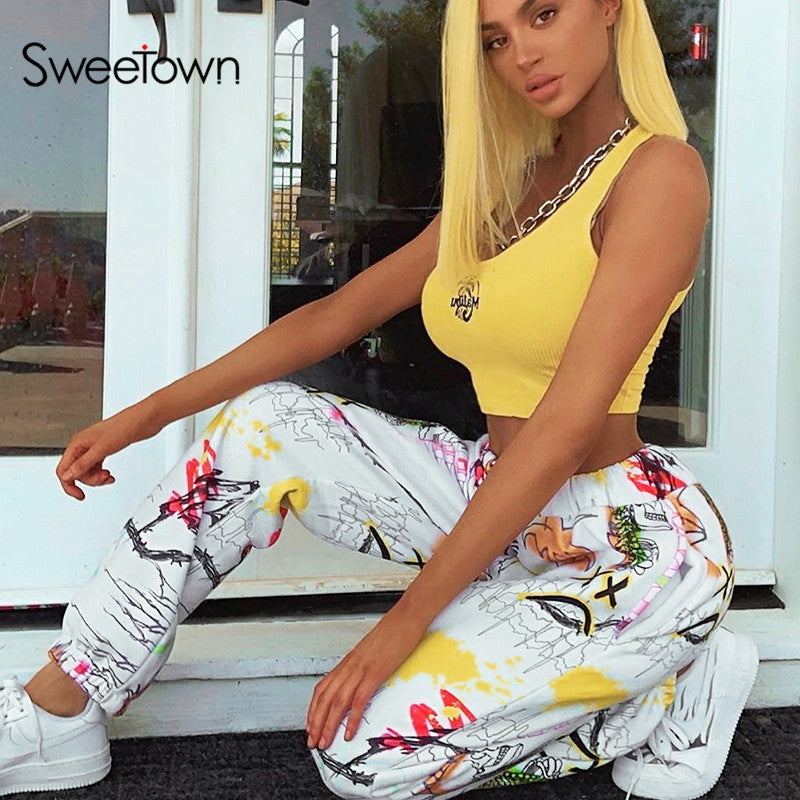 Women's Graffiti Print Baggy Cargo Jogger Pants