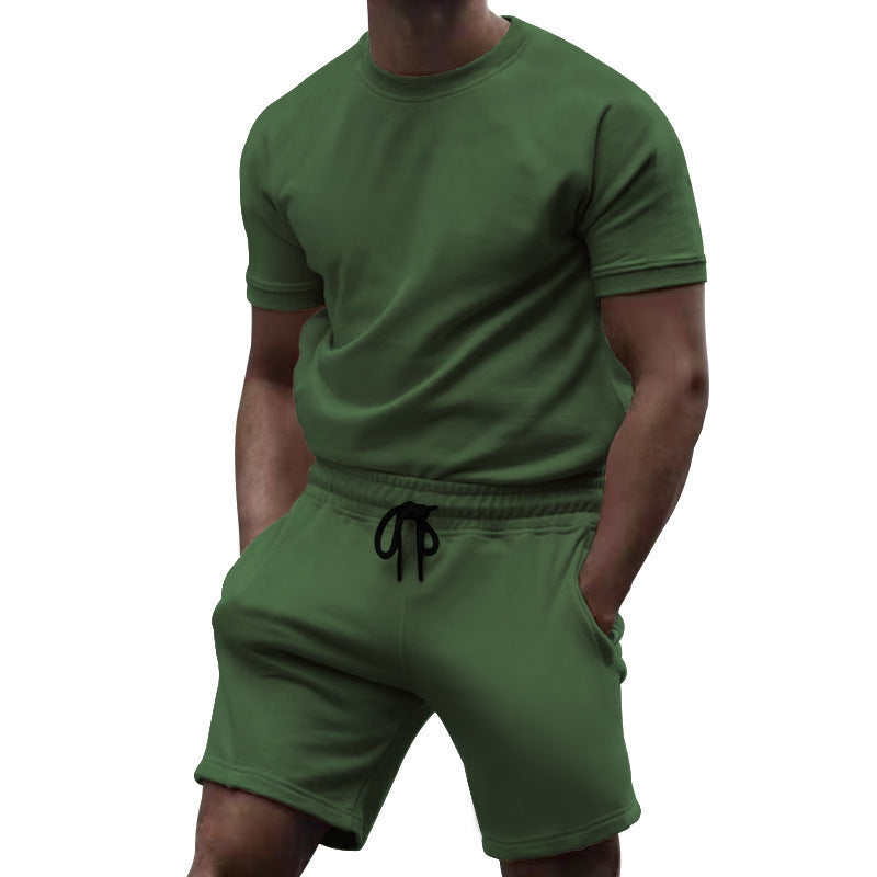 Summer men's short sleeved sports and leisure patchwork round neck fitness suit