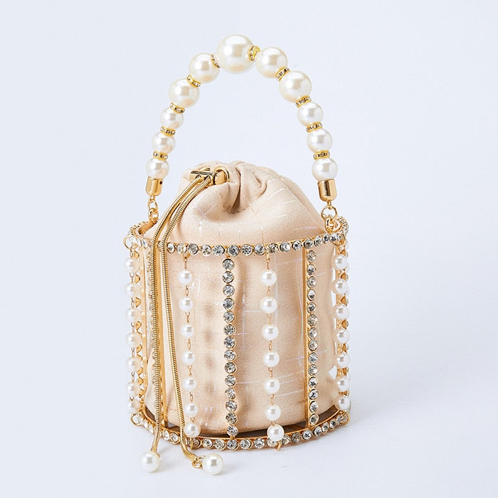 Handmade Diamond Pearl Bucket Clutch