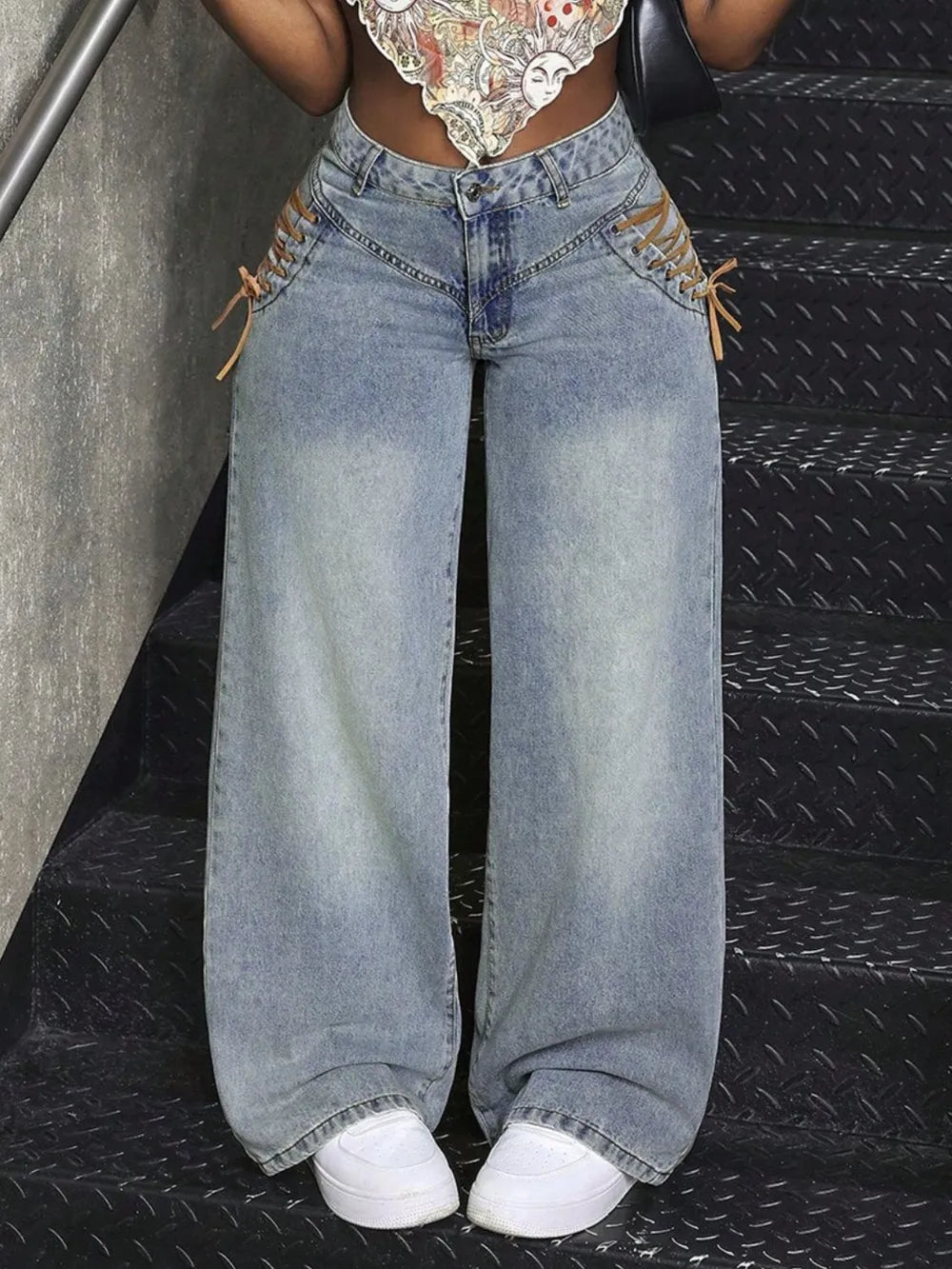 Women's Lace-Up Wide Leg Jeans