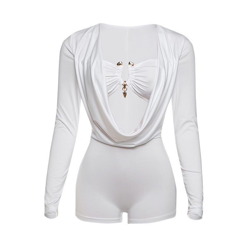 Women's Deep V-Neck Bodycon Jumpsuit – Metallic Detail Milk Silk