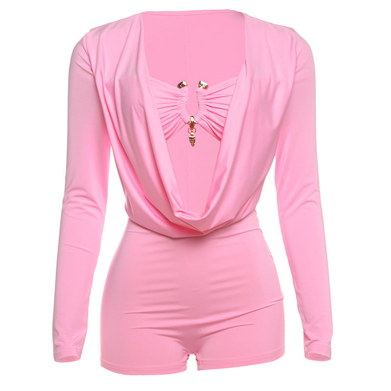 Women's Deep V-Neck Bodycon Jumpsuit – Metallic Detail Milk Silk