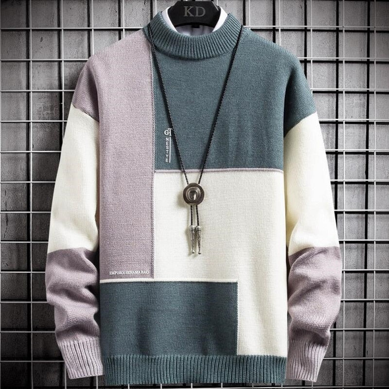 Men's Cashmere Warm Turtleneck Slim Fit Pullover Sweater – Patchwork Knit