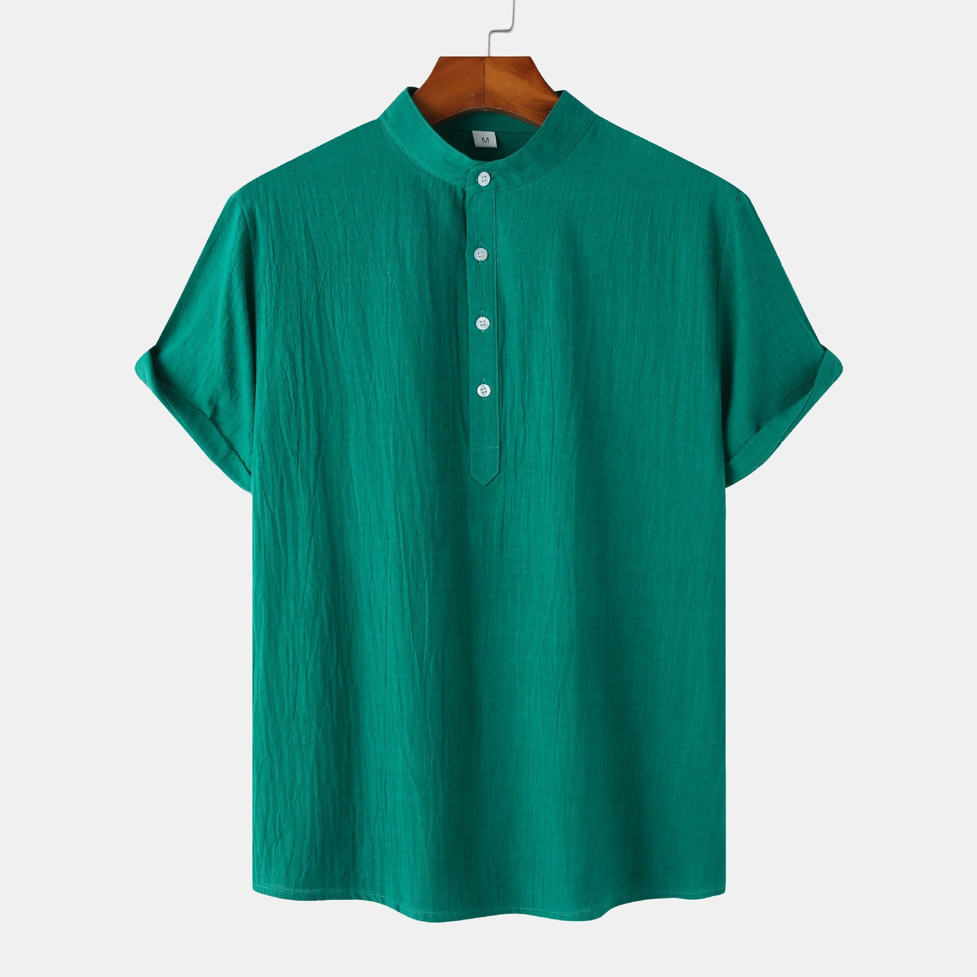 Men's Cotton-Linen Standing Collar Short-Sleeve Casual Shirt