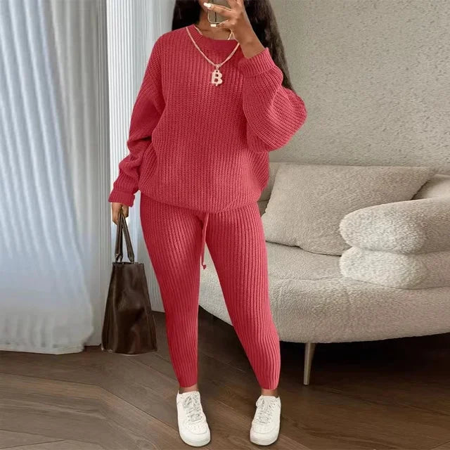 Women's Solid Knit Long-Sleeve Sweater & Pants Two-Piece Set