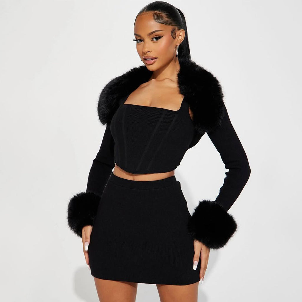 Women's Faux Fur Collar 3-Piece Set – Camisole, Long Sleeve Top & Mini Skirt